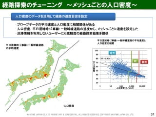 37 
R² = 0.436 
20 
30 
40 
50 
60 
70 
80 
90 
100 
1 10 100 1,000 10,000 
速度[km/h] 
人口密度[人/km2] 
経路探索のチューニング ～メッシュごとの人口密度～ 
•プローブデータの平均速度と人口密度に相関関係がある 
•人口密度、平日混雑時・２車線・一般幹線道路の速度から、メッシュごとに速度を設定した 
•渋滞情報を利用しないユーザーにも高精度の経路探索結果を提供 
人口密度のデータを活用して経路の速度目安を設定 
平日混雑時・2車線・一般幹線道路の平均速度と 
人口密度の相関 
町 都市 
地方 
平日混雑時・2車線・一般幹線道路 
の平均速度 
人口密度 
NAVITIME JAPAN CO., LTD. PRORIETARY & CONFIDENTIAL. ALL RIGHTS RESERVED, COPYRIGHT NAVITIME JAPAN CO., LTD. 
 