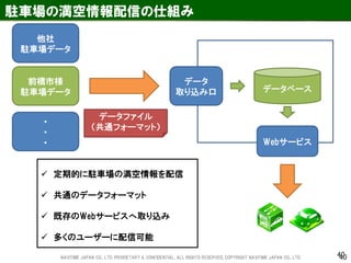 40 
駐車場の満空情報配信の仕組み 
40 
データベース 
Webサービス 
データファイル （共通フォーマット） 
前橋市様 駐車場データ 
データ 
取り込み口 
 定期的に駐車場の満空情報を配信 
 共通のデータフォーマット 
 既存のWebサービスへ取り込み 
 多くのユーザーに配信可能 
他社 
駐車場データ 
・ ・ ・ 
NAVITIME JAPAN CO., LTD. PRORIETARY & CONFIDENTIAL. ALL RIGHTS RESERVED, COPYRIGHT NAVITIME JAPAN CO., LTD.  
