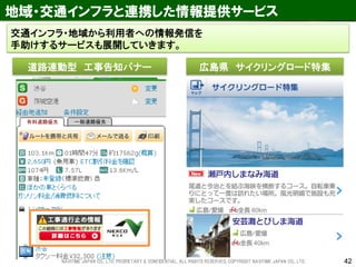 42 
地域・交通インフラと連携した情報提供サービス 
道路連動型 工事告知バナー 
交通インフラ・地域から利用者への情報発信を 手助けするサービスも展開していきます。 
広島県 サイクリングロード特集 
NAVITIME JAPAN CO., LTD. PRORIETARY & CONFIDENTIAL. ALL RIGHTS RESERVED, COPYRIGHT NAVITIME JAPAN CO., LTD.  