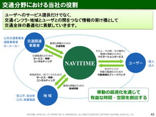 43 
交通分野における当社の役割 
ユーザへのサービス提供だけでなく、 
交通インフラ・地域とユーザとの間をつなぐ情報の架け橋として 
交通全体の最適化に貢献していきます。 
NAVITIME JAPAN CO., LTD. PRORIETARY & CONFIDENTIAL. ALL RIGHTS RESERVED, COPYRIGHT NAVITIME JAPAN CO., LTD.  