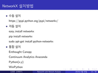 NetworkX 설치방법 
수동 설치 
https://pypi.python.org/pypi/networkx/ 
자동 설치 
easy install networkx 
pip install networkx 
sudo apt...