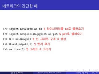 네트워크의 간단한 예 
>>> import networkx as nx % 라이브러리를 nx로 불러오기 
>>> import matplotlib.pyplot as plt % plt로 불러오기 
>>> G = nx.Grap...