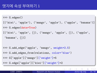 엣지에 속성 부여하기 1 
>>> G.edges() 
[(‘kiwi’, ‘apple’), (‘mango’, ‘apple’), (‘apple’, ‘banana’)] 
>>> G.edges(data=True) 
[(‘kiw...