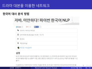 드라마 대본을 이용한 네트워크 
한국어 대사 분석 방법 
김경훈 (UNIST) NetworkX with Network Analysis 2014년 8월 30일 68 / 94 
 