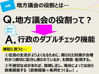 地方議会の役割とは… 
Ｑ.地方議会の役割って？ 
A. 
行政のダブルチェック機能 
①住民の生活がよりよくなるために、限られた財源が合理 的かつ適切に配分し使われているか、を調査・監視する。 
②不適切な点があれば、指摘し正し、場合によっては自ら 政策提案する（政策提案＝条例をつくるなど）。 
雑駁に言うと… 
端的に 言うと…  