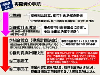 再開発の手順 
①準備 
②都市計画決定 
③組合設立（事業計画決定） 
④権利変換計画決定 
⑤工事着工 
⑥工事完了 
準備組合設立、都市計画決定の準備 
→市民説明会開催、都市計画原案の縦覧、意見の受付等 
市の都市計画審議会に諮られ、 承認後正式決定手続きへ 
都市計画決定してしまえば、その都市計画の内容 に沿って事業者が計画・工事を行うことができる。 組合施行の場合、ここからは事業者マターとなり、 市民の意見は反映されづらい。 
事業内容に異を唱える、意見を反映させるなら、 都市計画決定前段階でないと実質意味はない。 
8月20日→都市計画審議会 
8月下旬→告示 
組合設立の認可を都知事に申請しますが、その 際に定款と事業計画を定めなければなりません。 
事前に地権者の２/３以上の同意 と公共施設管理者の同意が必要  