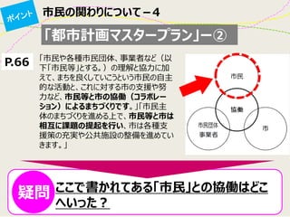 「都市計画マスタープラン」ー② 
「市民や各種市民団体、事業者など（以 下「市民等」とする。）の理解と協力に加 えて、まちを良くしていこうという市民の自主 的な活動と、これに対する市の支援や努 力など、市民等と市の協働（コラボレー ション）によるまちづくりです。」「市民主 体のまちづくりを進める上で、市民等と市は 相互に課題の提起を行い、市は各種支 援策の充実や公共施設の整備を進めてい きます。」 
P.66 
ここで書かれてある「市民」との協働はどこ へいった？ 
論6 
疑問 
市民の関わりについて－4  