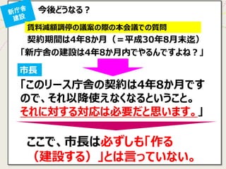 今後どうなる？ 
契約期間は4年8か月（＝平成30年8月末迄） 
賃料減額調停の議案の際の本会議での質問 
「新庁舎の建設は4年8か月内でやるんですよね？」 
「このリース庁舎の契約は4年8か月です ので、それ以降使えなくなるということ。 
それに対する対応は必要だと思います。」 
市長 
ここで、市長は必ずしも「作る （建設する）」とは言っていない。  