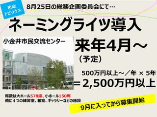 ネーミングライツ導入 
小金井市民交流センター 
8月25日の総務企画委員会にて… 
来年4月～ 
（予定） 
席数は大ホール578席、小ホール150席 
他に４つの練習室、和室、ギャラリーなどの施設 
500万円以上～／年 × 5年 
＝2,500万円以上  