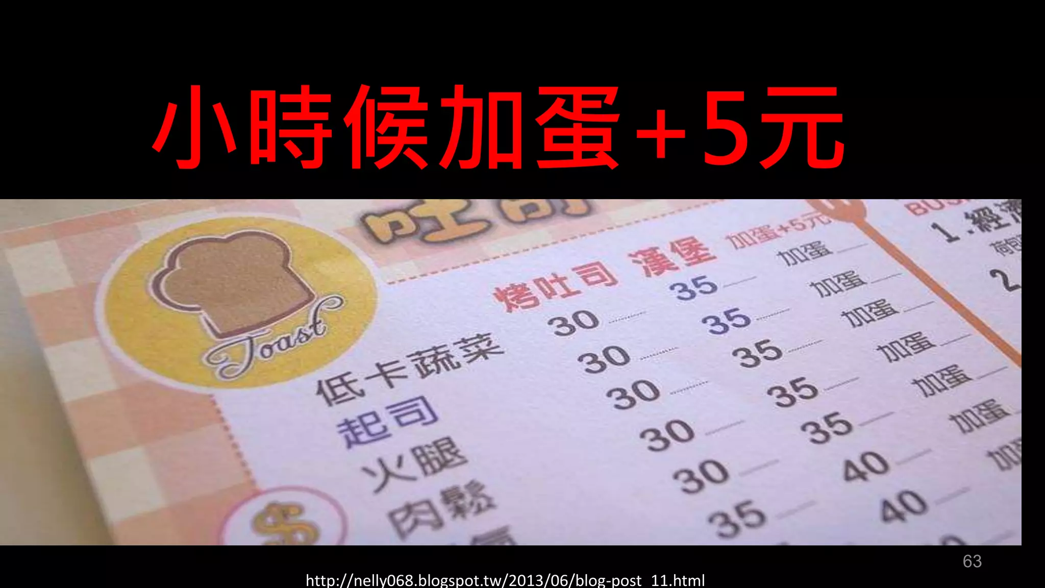 小時候加蛋+5元 
http://nelly068.blogspot.tw/2013/06/blog-post_11.html 
63 
 