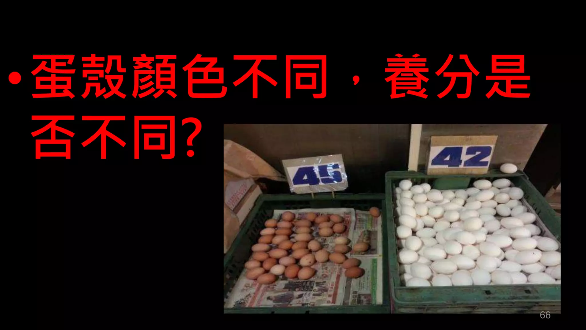 •蛋殼顏色不同，養分是 
否不同? 
66 
 