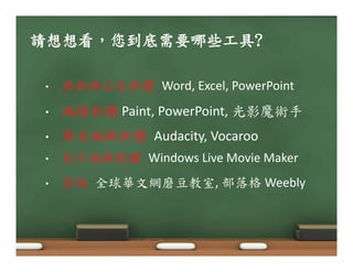 ፎགྷགྷ࣮Ǵாډۭሡाব٤πڀ@! 
• ༾೬ᒤϦ࠻೬ᡏ!Word, Excel, PowerPoint 
• ጓკ೬ᡏ Paint, PowerPoint, Ӏቹ៥ೌЋ! 
• ᖂॣጓᒠ೬ᡏ!Audacity, Vocaroo! 
• ቹТጓᒠ೬ᡏ!Windows Live Movie Maker 
• !໦ᆄ!ӄౚ๮Ўᆛᑃل௲࠻, ೽ပ਱ Weebly ! 
 