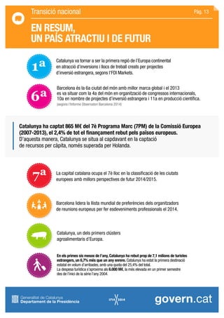 EN RESUM,
UN PAÍS ATRACTIU I DE FUTUR
Catalunya va tornar a ser la primera regió de l’Europa continental
en atracció d’inversions i llocs de treball creats per projectes
d’inversió estrangera, segons l’FDI Markets.
La capital catalana ocupa el 7è lloc en la classificació de les ciutats
europees amb millors perspectives de futur 2014/2015.
Barcelona lidera la llista mundial de preferències dels organitzadors
de reunions europeus per fer esdeveniments professionals el 2014.
Catalunya ha captat 865 M€ del 7è Programa Marc (7PM) de la Comissió Europea
(2007-2013), el 2,4% de tot el finançament rebut pels països europeus.
D’aquesta manera, Catalunya se situa al capdavant en la captació
de recursos per càpita, només superada per Holanda.
Barcelona és la 6a ciutat del món amb millor marca global i el 2013
es va situar com la 4a del món en organització de congressos internacionals,
10a en nombre de projectes d’inversió estrangera i 11a en producció científica.
(segons l’Informe Observatori Barcelona 2014)
Catalunya, un dels primers clústers
agroalimentaris d’Europa.
En els primes sis mesos de l’any, Catalunya ha rebut prop de 7,1 milions de turistes
estrangers, un 6,7% més que un any enrere. Catalunya ha estat la primera destinació
estatal en volum d’arribades, amb una quota del 25,4% del total.
La despesa turística s’aproxima als 6.000 M€, la més elevada en un primer semestre
des de l’inici de la sèrie l’any 2004.
1ª
7ª
6ª
Pàg. 13Transició nacional
 