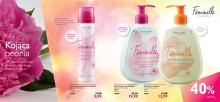 
 
126 127
 Feminelle Refreshing Intimate Wash
Odświeżający płyn do higieny
intymnej Feminelle
300 ml
46,33/l
24889 22,90
13,90
 Feminelle Soothing Intimate Wash
Kojący płyn do higieny
intymnej Feminelle
300 ml
46,33/l
24891 22,90
13,90
 Feminelle Refreshing Intimate Deodorant
Odświeżający dezodorant do higieny
intymnej Feminelle
75 ml
132,00/l
24890 17,90
9,90
Kojący
płyn do higieny
intymnej
Odświeżający
płyn do higieny
intymnej
Odświeżający
dezodorant
intymny
Kojąca
peonia
Dla jeszcze większego
komfortu intymnego
w sezonie letnim
40%taniej
JAK STOSOWAĆ?
Odśwież dezodorantem okolice
intymne lub rozpyl go na bieliznę
z odległości 15 cm.
z myślą o kobietach
 