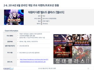 21 
2014년 8월 온라인 게임 광고 동향 
2-6. 2014년 8월 온라인 게임 주요 이벤트/프로모션 현황 
차원이 다른 엘소드 클라스! [엘소드] 
장르 
액션 
서비스형태 
정식서비스(부분유료화) 
등급 
전체 이용가 
제작사 
(주)KOG 
•Event Information 
주요 캠페인 
•차원이 다른 엘소드 클라스-아라 업데이트 
•1초만에 60레벨로 광폭 점핑 
•접속만 해도 +10강 부적과 아바타 100% 지급 
집행 매체 
•네이버, 다음, 네이트, 아프리카TV 
집행 비용(추정치) 
•240,484,000 원 
주요 내용 
•주요 캐릭터 신규 전직 라인 업데이트 
관련 URL 
•http://news.heraldcorp.com/view.php?ud=20140820000984&md=20140823005054_BK  