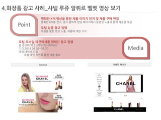 4.화장품 광고 사례_샤넬 루쥬 알뤼르 벨벳 영상 보기 
Creative 
이벤트 페이지 
Media 
Point 
명확한 KPI:영상을 통한 제품 이미지 인지 및 제품 구매 연결 
명확한 KPI를 잡고, 광고 클릭후 랜딩 페이지에서 동영상 노출과 함께 제품명 제공 
포털 집중 광고 집행 
포털을 통한 영상 노출, 제품에 대한 고지 
포털,모바일,타겟매체를 캠페인 광고 집행 
총 광고비 약 2.3억원(리서치애드) 
기간:2014.04.08~04.20 
매체:네이버,다음 
포털 메인 지면을 통한 제품 홍보  