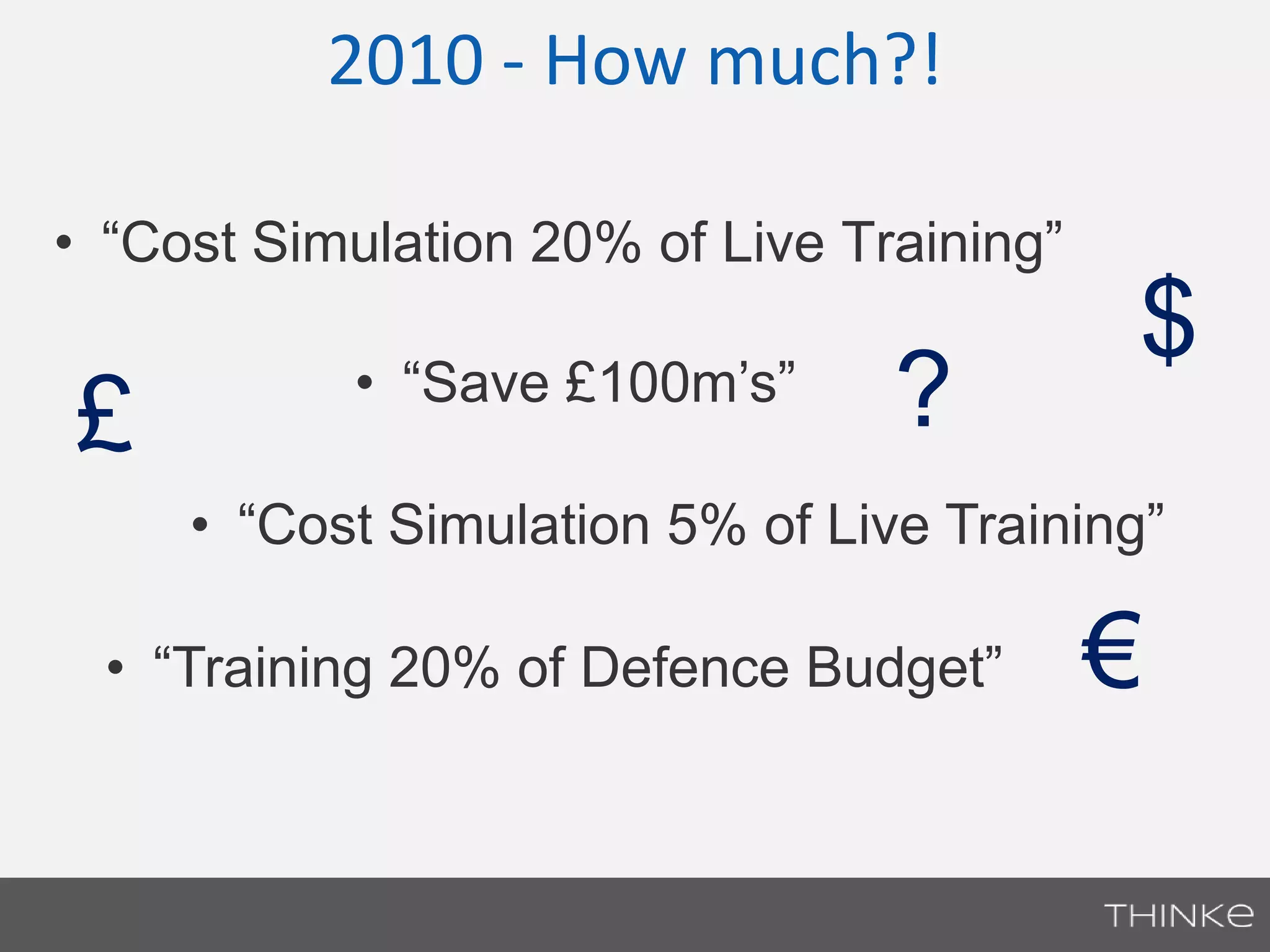 2010 - How much?! 
• “Cost Simulation 20% of Live Training” 
• “Save £100m’s” £ 
• “Cost Simulation 5% of Live Training” 
• “Training 20% of Defence Budget” 
$ 
? 
€ 
 