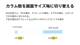 カラム数を画面サイズ毎に切り替える 
Gridを使うと、PCの場合、タブレットの場合、スマホの場合、小さいス 
マホの場合と分けられる。 
下記の場合はタブレット以上のサイズのディスプレイでの指定 
1カラム分5カラム分 
col-md-1 col-md-5 
 