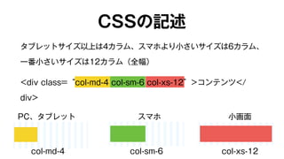 CSSの記述 
タブレットサイズ以上は4カラム、スマホより小さいサイズは6カラム、 
一番小さいサイズは12カラム（全幅） 
<div class=“col-md-4 col-sm-6 col-xs-12”>コンテンツ</ 
div> 
PC、タブレットスマホ小画面 
col-md-4 col-sm-6 col-xs-12 
 