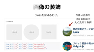 画像の装飾 
Classを付けるだけ。四角い画像を 
img-circleで 
丸く見せてる例 
 
