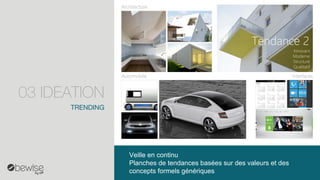 TRENDING 
Veille en continu 
Planches de tendances basées sur des valeurs et des concepts formels génériques 
03 IDEATION  