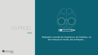 Réalisation concrète de l’expérience, de l’interface, via des mockupset visuels, des prototypes… 
CCU 
03 PROD.  