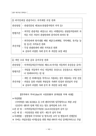 공유 제도개선 컨퍼런스 
③ 외국인대상 관광가이드 자격제한 규정 완화 
관련법령 - 관광진흥법 제38조(관광종사원의 자격 등) 
현행기준 
- 외국인 관광객을 대상으로 하는 여행업자는 관광통역안내의 자 
격을 가진 사람이 관광안내에 종사하게 하여야 함 
추진사항 
- 외국인에게 현지생활 체험 제공(도예체험, 국악체험, 유기농 농 
업 등)은 자격요건 완화 
- 무상 관광안내에 대한 자격요건 완화 
※ 공유의 다양한 사례 분석 후 개선안 요청 예정 
④ 개인 소유 차량 공유 금지규정 완화 
관련법령 - 여객자동차운수사업법 제81조(자가용 자동차의 유상운송 금지) 
현행기준 
- 사업용 자동차가 아닌 자동차를 유상으로 운송용으로 제공하거 
나 임대하여서는 안 됨 
추진사항 
- 개인 간 카셰어링을 목적으로 사용하는 경우 허용하는 규정 신설 
- 카풀을 통한 다양한 차량공유 사례의 인정과 안전장치 규정 
※ 공유의 다양한 사례 분석 후 개선안 요청 예정 
【한국에서 우버(Uber)의 사업현황과 관계법령 저촉 내용】 
- 142 - 
▸사업현황 
(우버차량) MK KOREA 등 3개 렌터카사와 업무협약으로 차량 조달 
(운전자) 렌터카 업체 직원 또는 별도 용역업체 소속 기사 
▸관 련 법 : 여객자동차운수사업법 34조(유상운송의 금지 등) 
▸문 제 점 : 시민안전을 위한 법적․제도적 장치 부재 
▸국내현황 : 경찰청에 수사의뢰 및 형사고발 조치 및 행정조치 진행중임 
※ 우버는 사업모델을 여객운송을 위한 차량 대여가 아닌 중개인서비스로 주장 
 