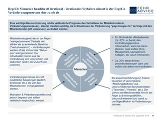 Regel 2: Menschen handeln oft irrational –irrationales Verhalten nimmt in der Regel in Veränderungsprozessen eher zu als ab 
11 
Menschen 
Eine wichtige Herausforderung ist die verlässliche Prognose des Verhaltens der Mitarbeitenden in Veränderungsprozessen -dies ist insofern wichtig, da in Situationen der Veränderung “psychologische” Verträge mit den Mitarbeitenden (oft unbewusst) verändert werden. 
Mitarbeitende gewichten in der Regel “wahrgenommene” Verluste viel stärker als zu erwartende Gewinne (“Verlustaversion”) –Veränderungen werden oft als Verlust des “Status- quo” wahrgenommen. Der individueller Nutzen aus der Veränderung wird unterschätzt und diskontiert (weil in der Zukunft und unsicher). 
•Ein Großteil der Mitarbeitenden (ca. 80%) ist bereit, den Veränderungsprozess mitzumachen, wenn sie daran glauben, dass andere (Top- Management, Management, Kollegen, etc.) auch mitmachen. 
•Ca. 20% sehen keinen persönlichen Nutzen darin und wollen sich daher nicht verändern. 
Veränderungsprozesse sind oft zusätzliche Belastungen (zeitlich, emotional, etc.), die von den Mitarbeitenden on-top geleistet werden. 
Motivation & Veränderungswillen sind jedoch begrenzt und sollten realistisch eingeschätzt werden. 
Bei Zusammenführung von Teams bestehen oft verschiedene “Abteilungskulturen” aus unterschiedlichen Berufsidentitäten (“Techniker”, “Vertrieb”, etc.). Der Verlust der Berufsidentität führt in der Regel zu Leistungsabfällen, Jobunzufriedenheit und damit zu unnötigen Risiken im Veränderungs- prozess. 
FehrAdvice & Partners AG, September 2014 
 