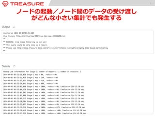 11 
ノードの起動／ノード間のデータの受け渡し 
がどんな⼩小さい集計でも発⽣生する 
 