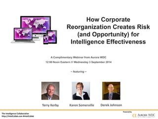 The Intelligence Collaborative 
http://IntelCollab.com #IntelCollab 
How Corporate 
Reorganization Creates Risk 
(and Opportunity) for 
Intelligence Effectiveness 
Powered by 
A Complimentary Webinar from Aurora WDC 
12:00 Noon Eastern // Wednesday 3 September 2014 
~ featuring ~ 
Terry Kerby Karen Somerville Derek Johnson 
 
