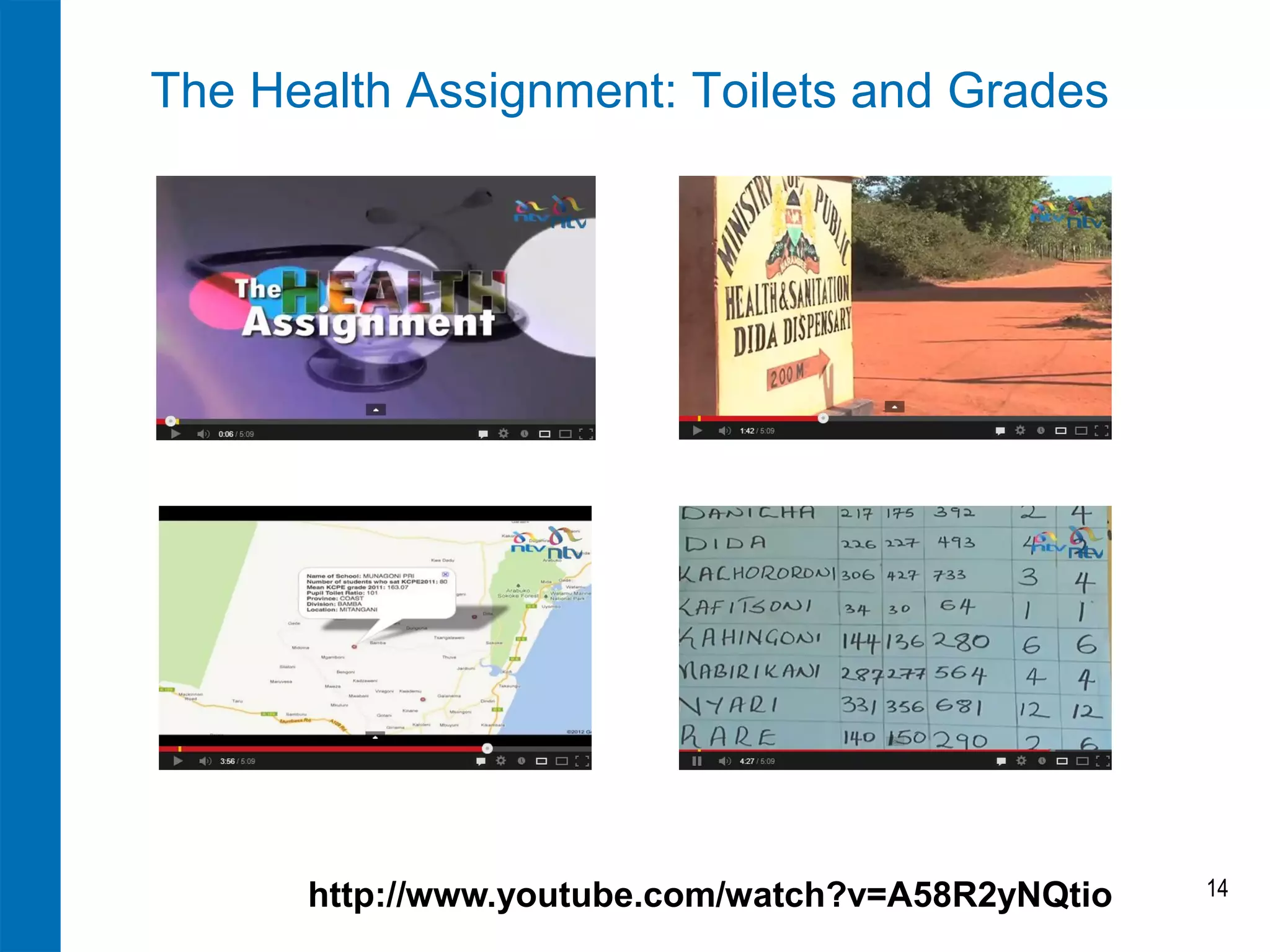 The Health Assignment: Toilets and Grades 
14 
http://www.youtube.com/watch?v=A58R2yNQtio  