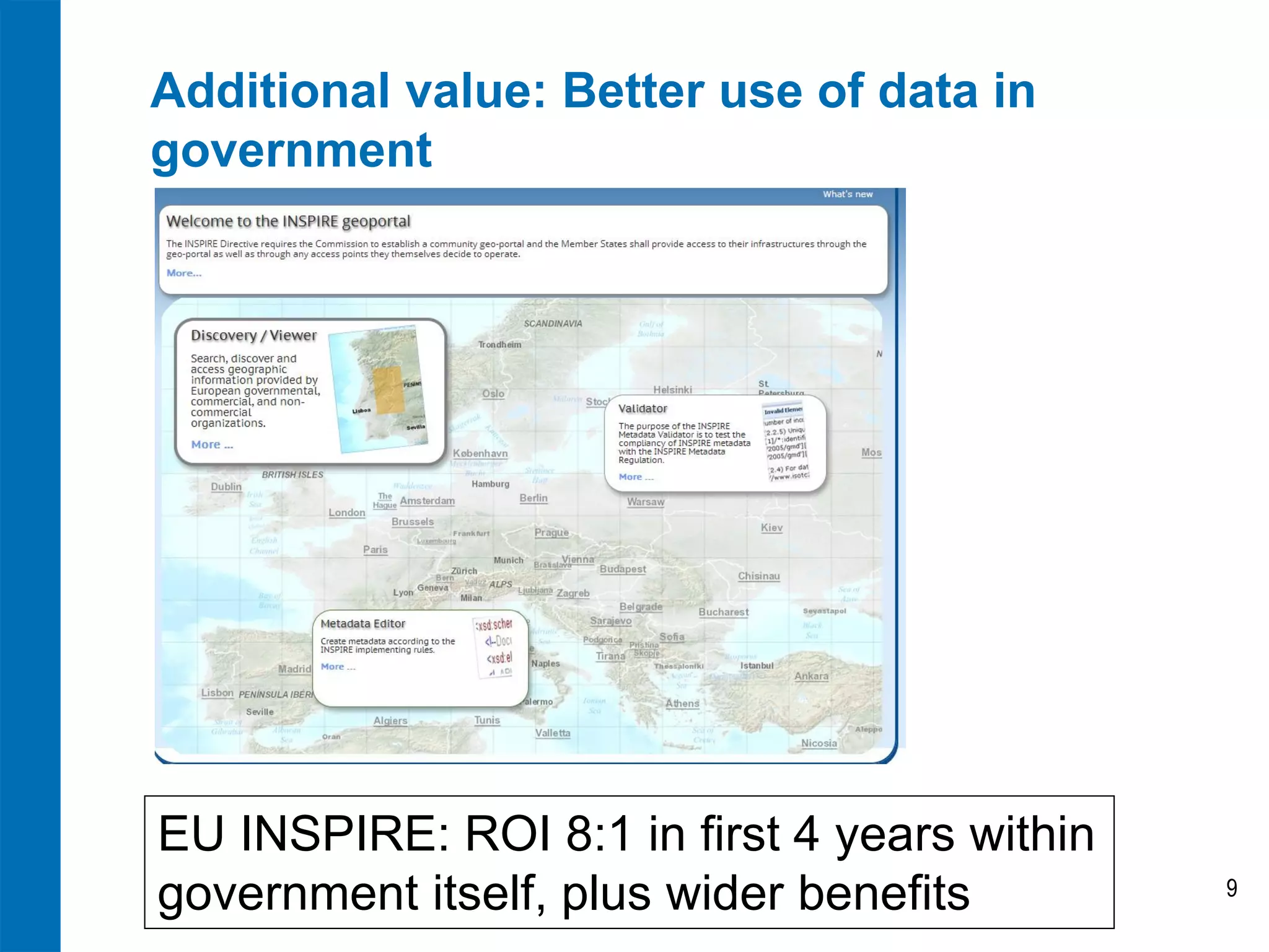 Additional value: Better use of data in government 
9 
EU INSPIRE: ROI 8:1 in first 4 years within government itself, plus wider benefits  
