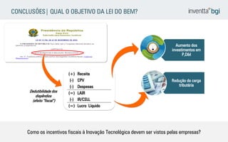 CONCLUSÕES| QUAL O OBJETIVO DA LEI DO BEM? 
(+) 
Receita 
(-) 
CPV 
(-) 
Despesas 
(=) 
LAIR 
(-) 
IR/CSLL 
(=) 
Lucro Líquido 
Aumento dos investimentos em P,D&I 
Redução da carga tributária 
Dedutibilidade dos dispêndios 
(efeito “fiscal”) 
Como os incentivos fiscais à Inovação Tecnológica devem ser vistos pelas empresas?  