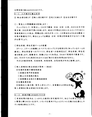 分野511取り組みは次のとおりです。 
区-1 人ロ少に歯止めカ 
① 転出者を減らす② 転入者を増やす③ 死亡を減らす④ 出生を増やす 
○ ―緊急人口問題調査を実施します― 
チェックなくして、対策なし。2か月で調査。口収・分析・公表、次の2か月で対 
策立案、2015年度予算に反映します。直近3年間は2,300人以上というすさまじい 
雪崩現象の人口流出。問題は若い世代が多しヽこと、この理由をみきわめる調査→ 
対策が最優先です。場合によっては調査・分析・対策を同時進行するスピード感 
が羹要でしよう。 
○ 移住促進、移住定着チームの設置 
Iターン、Jターンを経験したベテランをトップとする現実を良く知っているチームを 
編成し、移住希望者へのアドバイス、移住者ハ、の面倒見など、移住促進、移住定 
着を推進します。経験者の、体験にもとづく知恵は、きわめて実践的で貴重です。 
また、その方々から発信されるロコミほど強力な宣伝効果はありません。 
外からの経済効果、交流効果、知恵効果、活気効果が市内に循環します。 
C転入者増加と転出者減少策例― (後述) 
◎ 先端的医療介護地域創造 
○ 医療系専門学校誘致 
○ 飯山日赤病院の強化 
○ 首都圏白治体の介護施設誘致 
◎ 各種起業促進 
◎ 地域おこし協力隊、青年人材センター、首都圏からの移住促進■ 
. 
転入者増加と転出者減少を目指します。 
巨が 
C若者政策の基本は、しっかりした経済と安定雇用です。加えて必要なことは、古 
い慣習に縛られない生活や、いろいろな意味でちょっとオシャレな魅力ある暮らしや 
すい地域を創ることです。 
 