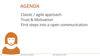 AGENDA 
Classic / agile approach 
Trust & Motivation 
First steps into a open communication 
BERATUNG 20 JUDITH ANDRESEN OPEN COMMUNICATION WINS 
 