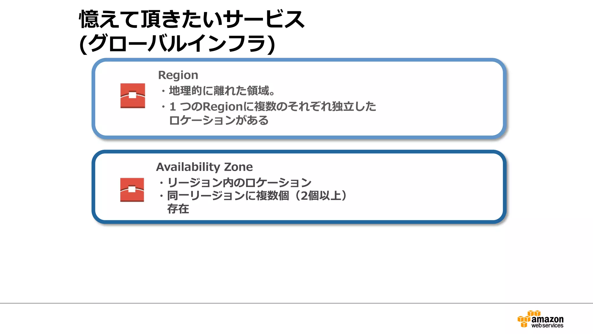 憶えて頂きたいサービス 
(グローバルインフラ) 
Region 
・地理理的に離離れた領領域。 
・1 つのRegionに複数のそ1ｃれ 
ぞれ独⽴立立した 
ロケーションがある 
Availability Zone 
・リージョン内のロケーショ1ン 
 
・同⼀一リージョンに複数個（2個以上） 
存在 
 