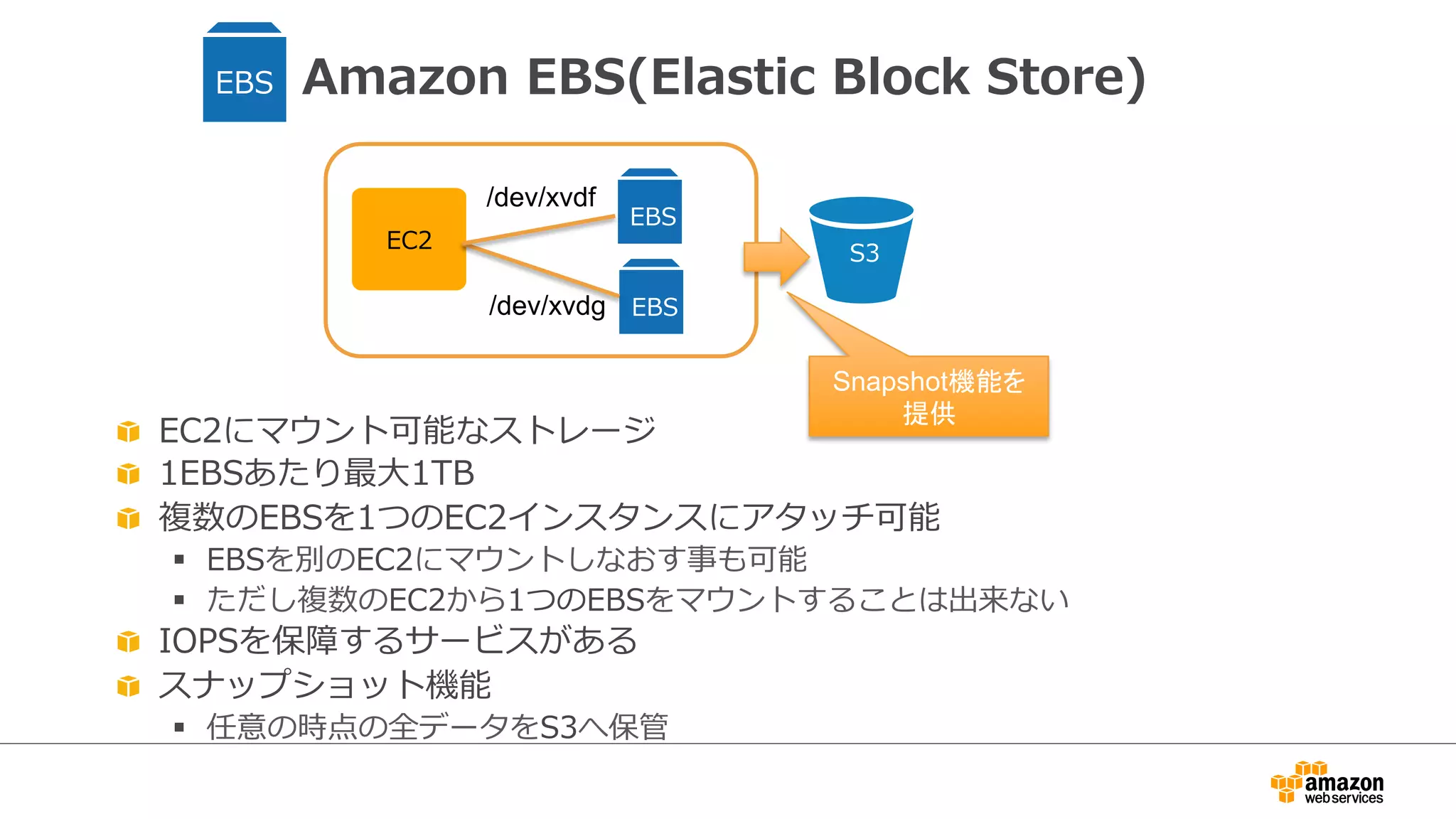 Amazon EBS(Elastic Block Store) 
EC2 
EBS 
EBS 
/dev/xvdf 
/dev/xvdg EBS 
 EC2にマウント可能なストレージ 
 1EBSあたり最⼤大1TB 
 複数のEBSを1つのEC2インスタンスにアタッチ可能 
§ EBSを別のEC2にマウントしなおす事も可能 
§ ただし複数のEC2から1つのEBSをマウントすることは出来ない 
 IOPSを保障するサービスがある 
 スナップショット機能 
§ 任意の時点の全データをS3へ保管 
S3 
Snapshotᶵ⬟䜢 
ᥦ౪ 
 