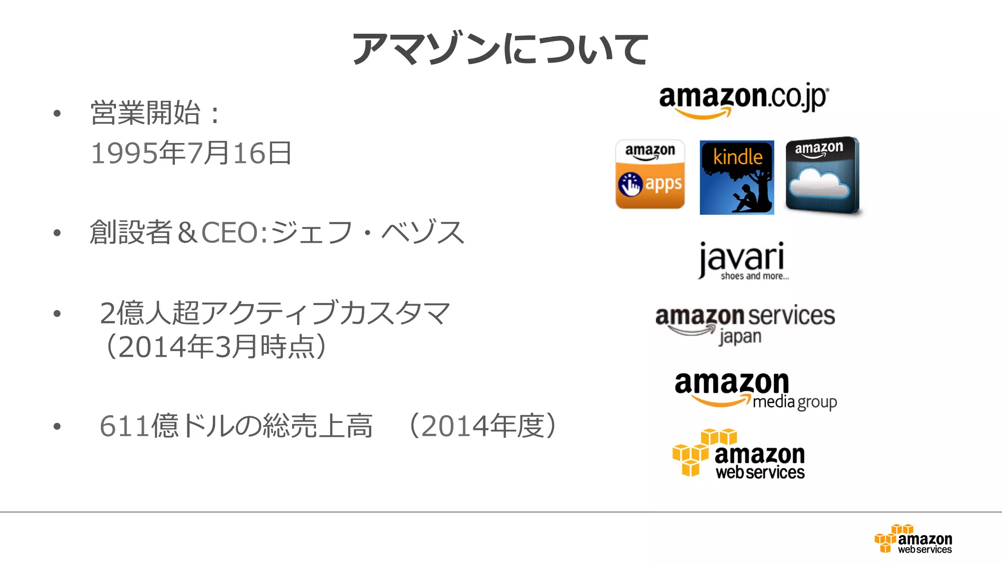 アマゾンについて 
• 営業開始： 
1995年年7⽉月16⽇日 
• 創設者＆CEO:ジェフ・ベゾス 
• 2億⼈人超アクティブカスタマ 
（2014年年3⽉月時点） 
• 611億ドルの総売上⾼高 （2014年年度度） 
 