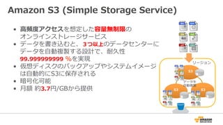 Amazon S3 (Simple Storage Service) 
• ⾼高頻度度アクセスを想定した容量量無制限の 
オンラインストレージサービス 
• データを書き込むと、３つ以上のデータセンターに 
データを⾃自動複製する設計で、耐久性...