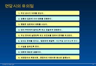 면담시의 유의점 
11.. 우우선선 상상사사가가 여여유유를를 갖갖는는다다.. 
22.. 공공통통의의 입입장장에에 서서서서 대대화화를를 진진행행한한다다.. 
33.. 평평등등한한 입입장장에에서서 대대화화를를 나나눈눈다다.. 
44.. 먼먼저저 부부하하에에게게 말말하하도도록록 하하고고 진진솔솔하하게게 경경청청한한다다.. 
55.. 우우선선 한한차차례례 설설면면토토록록 하하고고 포포인인트트를를 정정하하여여 문문제제를를 파파고고든든다다.. 
66.. 상상사사는는 문문제제를를 던던지지고고,, 팀팀원원에에게게 해해결결책책 ∙∙ 개개선선책책을을 생생각각하하도도록록 한한다다.. 
77.. 사사실실을을 말말하하도도록록 한한다다.. 
88.. 대대화화에에 겸겸손손은은 금금물물이이다다.. 
99.. 피피면면담담자자의의 희희망망사사항항,, 면면담담자자의의 지지원원사사항항 등등으으로로 끝끝맺맺는는다다.. 
인인사사평평가가의의 이이해해와와 실실제제 4411 
 