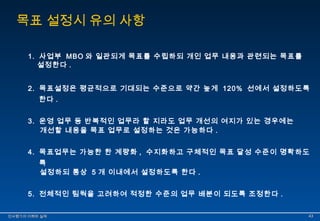 목표 설정시 유의 사항 
1. 사업부 MBO 와 일관되게 목표를 수립하되 개인 업무 내용과 관련되는 목표를 
설정한다 . 
2. 목표설정은 평균적으로 기대되는 수준으로 약간 높게 120% 선에서 설정하도록 
한다 . 
3. 운영 업무 등 반복적인 업무라 할 지라도 업무 개선의 여지가 있는 경우에는 
개선할 내용을 목표 업무로 설정하는 것은 가능하다 . 
4. 목표업무는 가능한 한 계량화 , 수지화하고 구체적인 목표 달성 수준이 명확하도 
록 
설정하되 통상 5 개 이내에서 설정하도록 한다 . 
5. 전체적인 팀웍을 고려하여 적정한 수준의 업무 배분이 되도록 조정한다 . 
인인사사평평가가의의 이이해해와와 실실제제 4433 
 