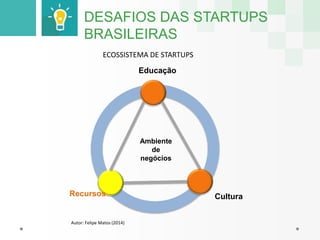 DESAFIOS DAS STARTUPS 
BRASILEIRAS 
ECOSSISTEMA DE STARTUPS 
Educação 
Ambiente 
de 
negócios 
Recursos Cultura 
Autor: Felipe Matos (2014) 
 