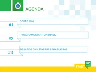AGENDA 
DESAFIOS DAS STARTUPS BRASILEIRAS 
#2 
PROGRAMA START-UP BRASIL 
#3 
SOBRE MIM 
#1 
 