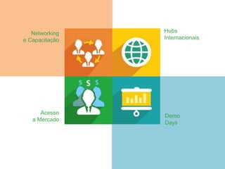 Networking 
e Capacitação 
Hubs 
Internacionais 
Acesso 
a Mercado 
Demo 
Days 
 