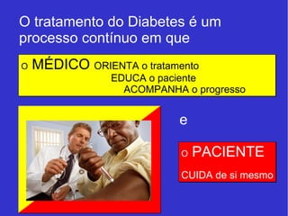 O tratamento do Diabetes é um 
processo contínuo em que 
O MÉDICO ORIENTA o tratamento 
EDUCA o paciente 
ACOMPANHA o progresso 
e 
O PACIENTE 
CUIDA de si mesmo 
 