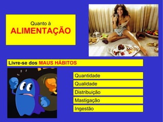 Quanto à 
ALIMENTAÇÃO 
Livre-se dos MAUS HÁBITOS 
Quantidade 
Qualidade 
Distribuição 
Mastigação 
Ingestão 
 