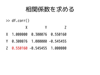 相関係数を求める 
>> df.corr() 
X Y Z 
X 1.000000 0.300076 0.550160 
Y 0.300076 1.000000 -0.545455 
Z 0.550160 -0.545455 1.000000 
 