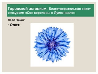Городской активизм: Благотворительная квест- 
экскурсия «Сон королевы в Луизенвале» 
ТОЧКА "Ворота" 
◦ Ответ: 
 