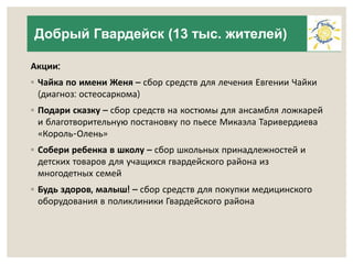 Добрый Гвардейск (13 тыс. жителей) 
Акции: 
◦ Чайка по имени Женя – сбор средств для лечения Евгении Чайки 
(диагноз: остеосаркома) 
◦ Подари сказку – сбор средств на костюмы для ансамбля ложкарей 
и благотворительную постановку по пьесе Микаэла Таривердиева 
«Король-Олень» 
◦ Собери ребенка в школу – сбор школьных принадлежностей и 
детских товаров для учащихся гвардейского района из 
многодетных семей 
◦ Будь здоров, малыш! – сбор средств для покупки медицинского 
оборудования в поликлиники Гвардейского района 
 