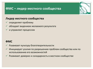 ФМС – лидер местного сообщества 
Лидер местного сообщества 
 определяет проблему 
 обладает видением желаемого результата 
 и управляет процессом 
ФМС 
 Развивает культуру благотворительности 
 Инициирует усилия по разрешению проблем сообщества или по 
использованию его возможностей 
 Развивает доверие и солидарность в местном сообществе 
 